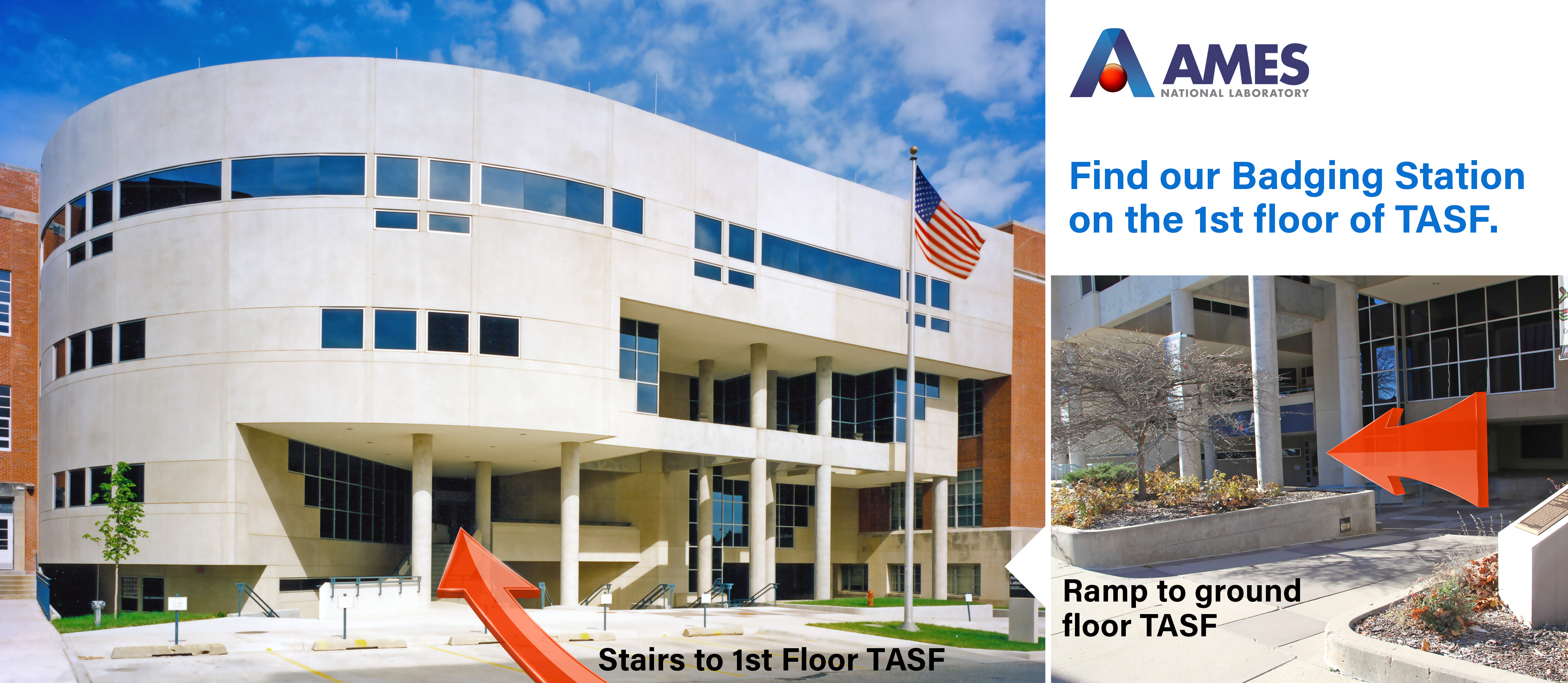 Photo identifying ways to access the Ames Lab Badging Office.