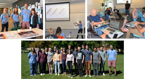 Composite image: (top left) four people include CMI workforce development staffers on the left and right of two other presenters from Colorado School of Mines, (top middle) CMI teacher researcher Danielle Ladd speaking to group about the MESA plan, (top right) people in classroom activity (Microbit workshop), and (bottom) group of more than a dozen people standing (2023 student mentors from Colorado School of Mines)