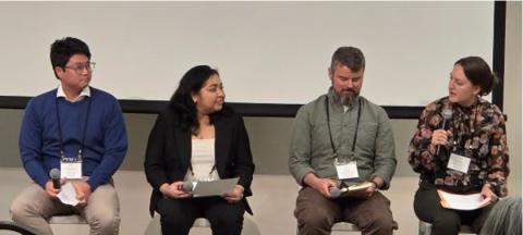 From left, panelists Arturo Hirata-Miyasaki, Kinjal Gandha, Max Brown, and moderator Celeste Stroup. 