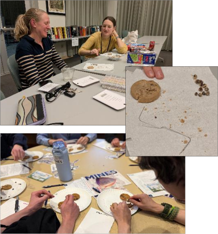 series of images shows planning the activity, insert with detail of the activity, and A&nbsp;group of students participating in cookie mining activity