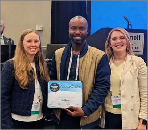 2025 CMI Intern Ernest Konadu-Yiadom, Colorado School of Mines, won the Best Poster Award at the Innovation in Critical Minerals and Materials Symposium at TechConnect World Innovation Conference & Expo, held in Raleigh, North Carolina, March 10-12, 2026. He is shown centered between two of the symposium co-chairs Alison Fritz, National Energy Technology Laboratory, and Santa Jansone-Popova, Oak Ridge National Laboratory.