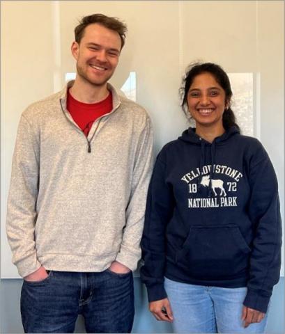 Maxwell Flemming and Sangita Gayatri are pictured at their last Critical Materials Innovation Hub meeting before graduation. 