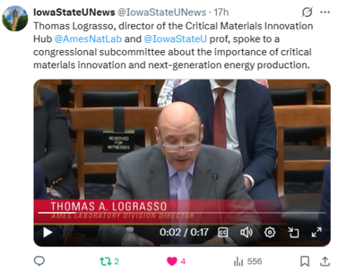 CMI Director Tom Lograsso, Ames National Laboratory, describes the importance of critical materials innovation and technology developed through CMI research to the U.S. House Science, Space, and Technology Committee, Energy Subcommittee for "Subsurface Science and Technology: Domestic Mining and Geothermal Energy" on April 16, 2026. 