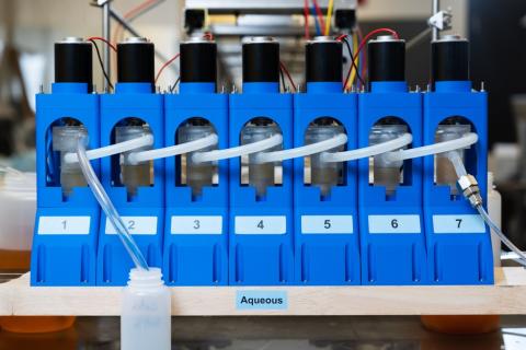 Bank of 3D-printed centrifugal contactors used for the flowsheet demonstration at PNNL.