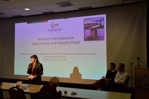 image of a panel presentation, with moderator in front of screen and one person shown on screen and two seated next to it.