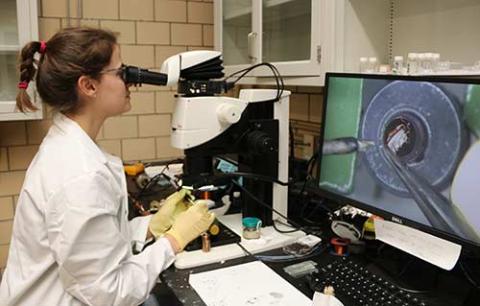 Postdoctoral researcher Elena Gati demonstrates a new technique.