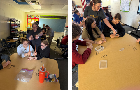 two images of people with materials from the CMI education and outreach toolkit