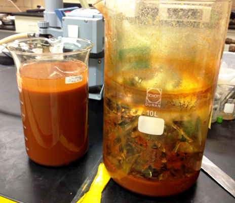 Images of: iron(III) hydroxide  (as hydrolysis product, left) and resulted unreacted HDD parts (right) after reaction with copper(II) chloride