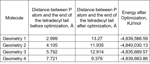 Distance & energy between the P atom & Tetradecyl tail after optimization