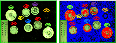 Field of View without (left) and with filters (right) with eye icon color to associate fasteners with their size and type in the boxes above.