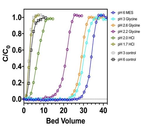 REE breakthrough curves with REE mixtures that contain lanthanides and Y. REE breakthrough occurs at an earlier time for light REEs (La-Nd), followed by Y and heavier REEs (Eu-Lu). Results show promise for REE separation into groups.