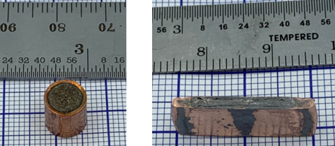 (Left): Before process, powder packed in a copper tube; (Right): After process, thin bulk magnet enveloped by a copper shell providing mechanical support and corrosion protection.