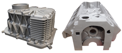 Left: AA727 casting of a high-temperature housing with complex geometry. Right: AA527 casting of an eight-cylinder engine block.