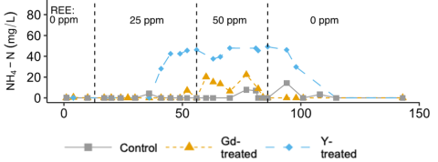 Ammonia nitrogen breakthrough indicative of nitrification impairment was observed after Y amendments reached ≥25 ppm Y or Gd amendments reached ≥ 50 ppm Gd, but ammonia removal resumed after REE addition stopped.