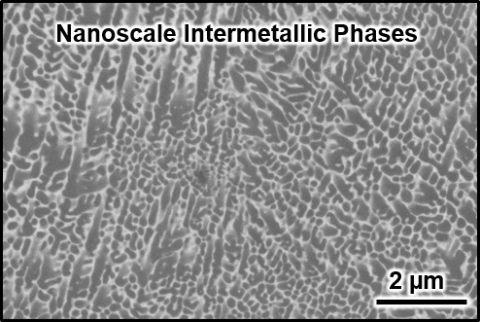 Strength is enabled by the large fraction of nanoscale intermetallic phases, bright in the above electron microscope image