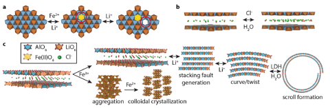 Conceptual picture of coupled chemical and mechanical sorption processes in the Fe-LDH system. (a) Ion exchange within the Li/Al-LDH sheet. The red circle indicates vacancy created by Li desorption. (b) Water sorption in the interlayer. (c) Chemical- mechanical processes contributing to sorption and segregation across spatial scales.