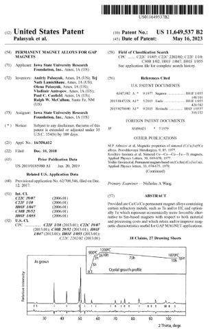 The title page of the patent awarded to CMI’s Ames National Laboratory team (CMI: 2.1.14): Andriy Palasyuk, Tej N. Lamichhane, Olena Palasyuk, Vladimir Antropov, Paul C. Canfield and Ralph W. McCallum.