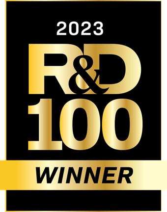 logo shows black background with gold letters 2023 R&D 100 Winner, for R&D 100 Award
