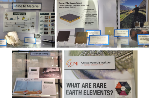 composite image, with three images of display cases at the CMI exhibit in the Colorado School of Mines geology museum, and one of a CMI banner