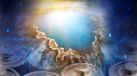 This composite image from Idaho National Laboratory shows geothermal water and batteries, representing CMI research at INL that lithium from geothermal brine could help meet growing demand for raw material and make geothermal power more cost efficient. 