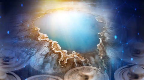 This composite image from Idaho National Laboratory shows geothermal water and batteries, representing CMI research at INL that lithium from geothermal brine could help meet growing demand for raw material and make geothermal power more cost efficient.