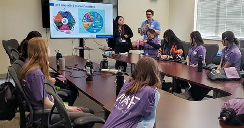 image of two CMI researchers at Idaho National Laboratory presenting to a group of girls in the My Amazing Future event