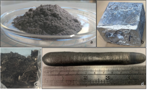 series of four images that show steps in process developed by CMI. Top left is a metal powder, top right is a shiny metal cube, lower left is a dark, rough metal after the distillation process, and lower right is a 4.5-inch metal rod shown next to a ruler, to show the metal resulting from the process formed into a specific shape. 