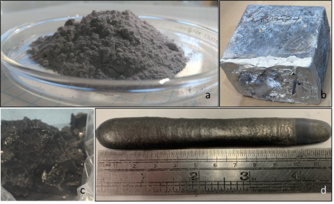 series of four images that show steps in process developed by CMI. Top left is a metal powder, top right is a shiny metal cube, lower left is a dark, rough metal after the distillation process, and lower right is a 4.5-inch metal rod shown next to a ruler, to show the metal resulting from the process formed into a specific shape.