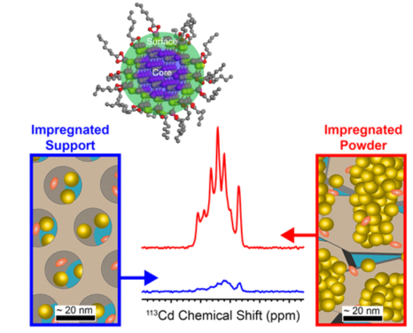 (Top) Schematic structure of a semiconductor nanoparticle showing the crystalline core region, the surface region and capping ligands. (Lower) The impregnated powder procedure described in this work yields 9-fold better DNP NMR sensitivity than the previously described impregnated support procedure. 