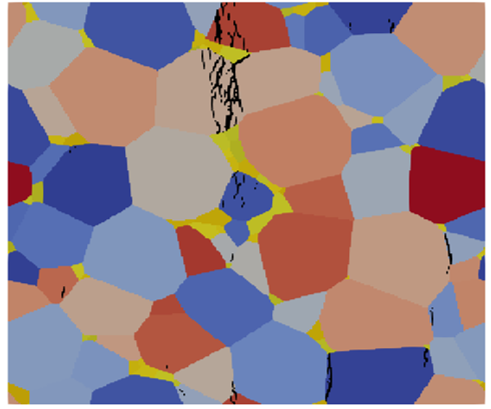 image showing typical fracture pattern (black) in Ce-Co-Fe-Cu (yellow shadow: Al phase).