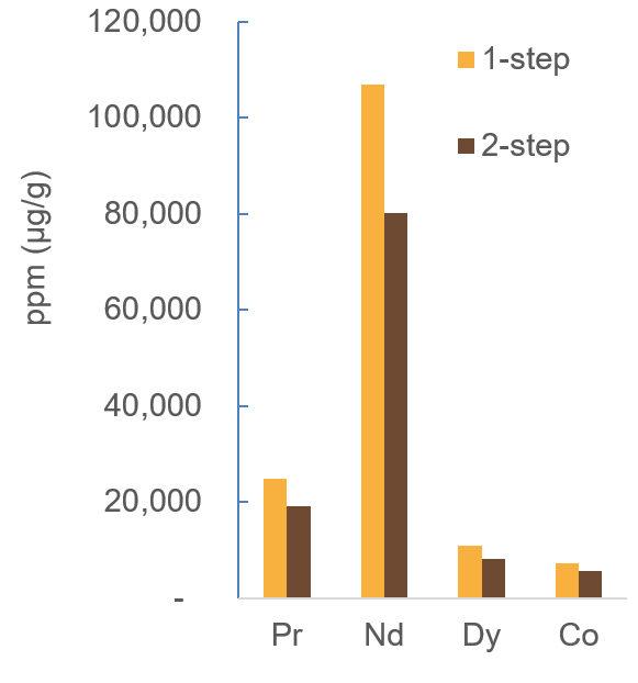 bar graph shows Bioleaching of metals from milled magnetic swarf by the bacterium Gluconbacter oxydans. Data shown are cumulative metal concentrations in bioleachate from the solid permanent magnet swarf. 1-step indicates biolixiviant production is conducted simultaneously with bioleaching whereas 2-step is biolixiviant production followed by bioleaching. 