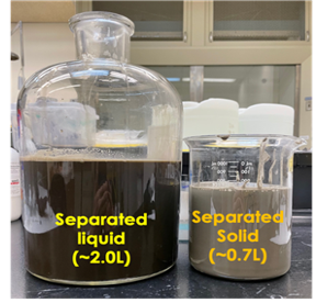 two glass containers with contents labeled, left is separated liquid and right is separated solid