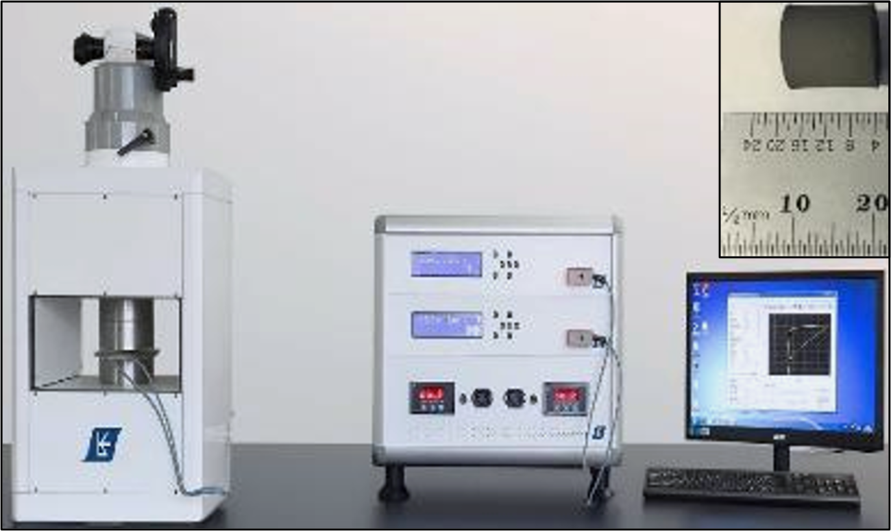 Hysteresis graph system and tested specimen (top-right corner) for magnetic property test