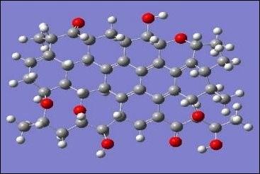 Ball and stick chemical models of cyclized ladder structure produced when polyethylene is oxidatively stabilized prior to charring and graphitization steps. 