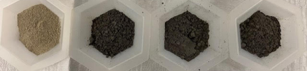Image of BM clay and three milled products, BM clay, BM clay+CaO and BM clay+Na2CO3