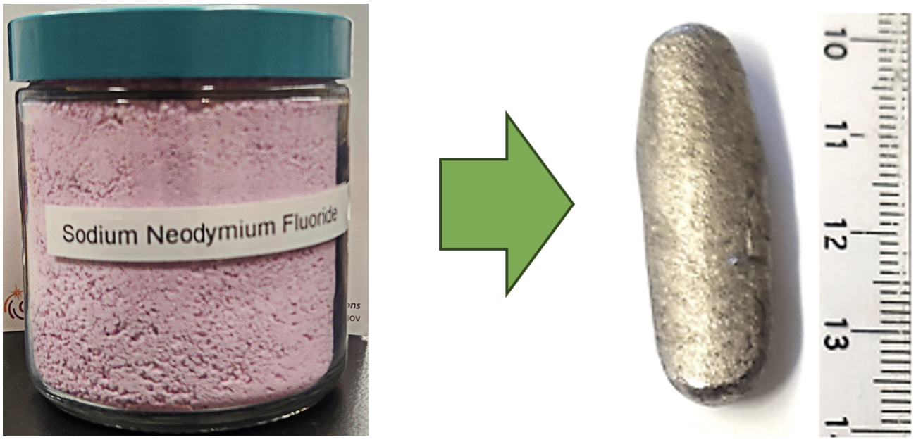 Image of neodymium salts and resulting magnet