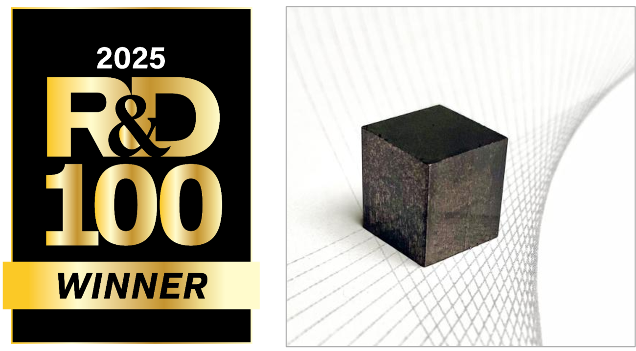 logo for 2025 R and D 100 Award Winner and image of a gray cube magnet