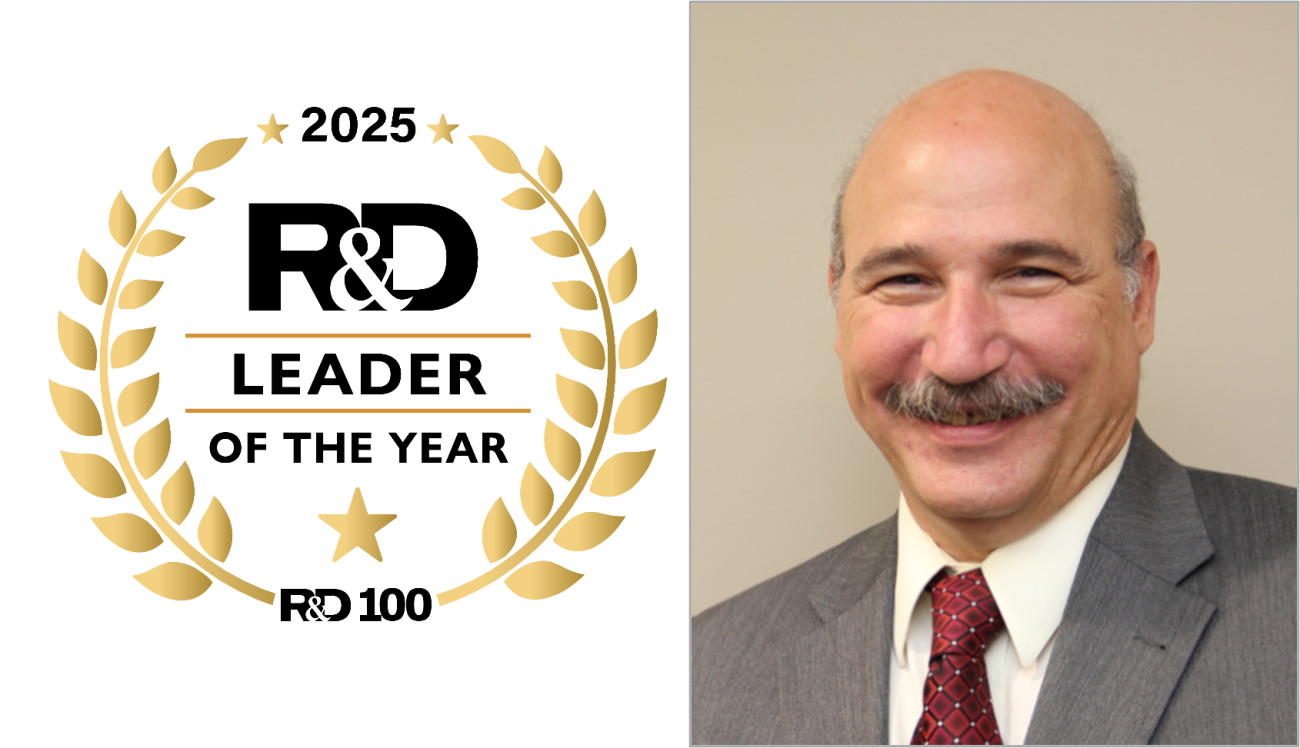 logo for 2025 R and D 100 Leader of the Year and image of person head and shoulders: Tom Lograsso, Ames National Laboratory