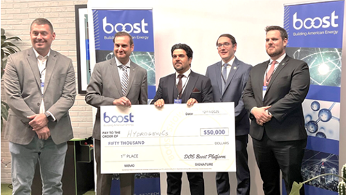 CMI technology in electrochemical leaching and mentoring from CMI Project Lead Arindam Mukhopadhyay led to the award-winning presentation by HidrogeniCs Inc. Moha Shahjamali, CEO & Co-Founder, is shown receiving the first prize at the “DOE BOOST 2025 Showcase Pitch Event” held on December 11, 2025, in Albuquerque, New Mexico.