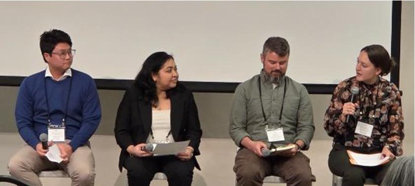 From left, panelists Arturo Hirata-Miyasaki, Kinjal Gandha, Max Brown, and moderator Celeste Stroup. 