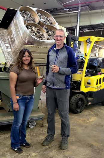Melanie S. Guerrero (FA2 CMI Summer Intern, left) and Kevin Stoll (CMR, right) at the Critical Materials Recycling facility in Boone (IA) during the CMI Summer Internship tour in August 2025.
