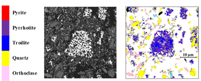 Backscatter image from SEM (left) and AMICS (right) segmented map of decomposed samples after 15 min at 650 C and 33 STD mL/min.