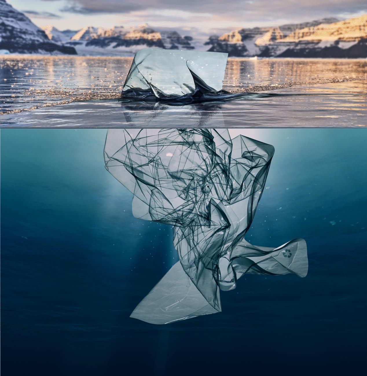 Stock image depicting a plastic bag in a mountain lake. 