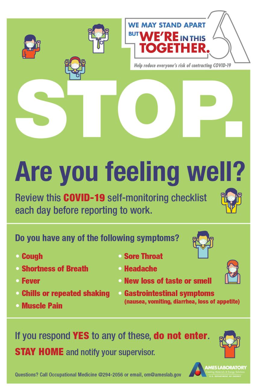 Covid 19 Self Monitoring Poster Ames Laboratory Download this premium vector about covid19 pandemic symptoms poster infographic, and discover more than 9 million professional graphic resources on freepik. covid 19 self monitoring poster ames