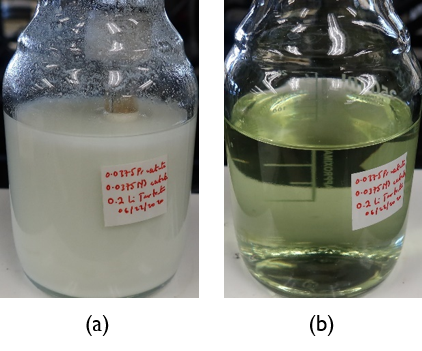 0.0375 M Pr acetate, 0.0375 M Nd acetate, 0.2 M lithium tartrate (a) before dissolution of precipitate (b) after adjusting pH.