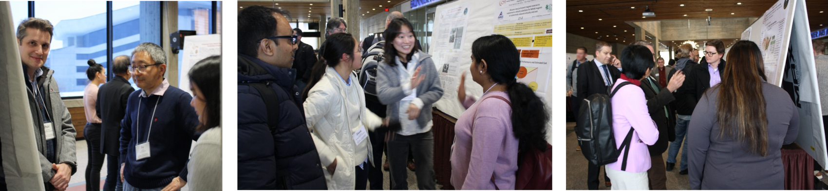 composite of three images of people standing next to research posters