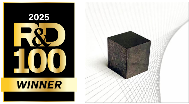 logo for 2025 R and D 100 Award Winner and image of a gray cube magnet