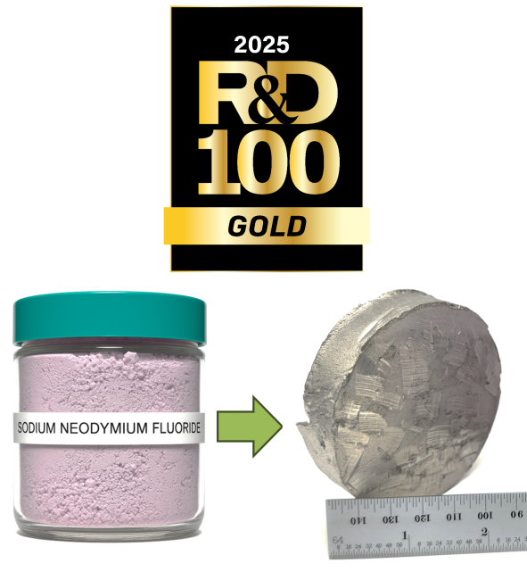 logo for 2025 R&D 100 Gold Award and image of pink powder and gray metal