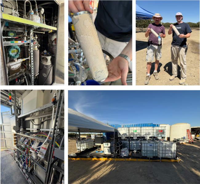 series of five images shows Two gallon per minute DME Crystallizer at Coalinga site in California’s Central Valley “DME machine” gas cylinder, coriolis mass flow, and flash chamber. Two pictures of the salt that was extracted from the brines. EC cells used to separate various salts prior to DME crystallization. General site picture.