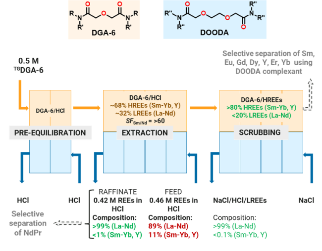 Schematic illustration of the initial separation stages: pre-equilibration of the DGA-6 solvent with HCl, extraction of heavy REEs (HREEs), and scrubbing of the HREE-loaded DGA-6 with concentrated NaCl to remove co-extracted HCl and light REEs (LREEs). Further optimization of flow rates and mixing rates is underway. Subsequent steps include (1) selective extraction of Nd-Pr with La-Ce remaining in the raffinate, and (2) selective scrubbing to recover individual REEs from the HREE-loaded DGA-6 solvent.